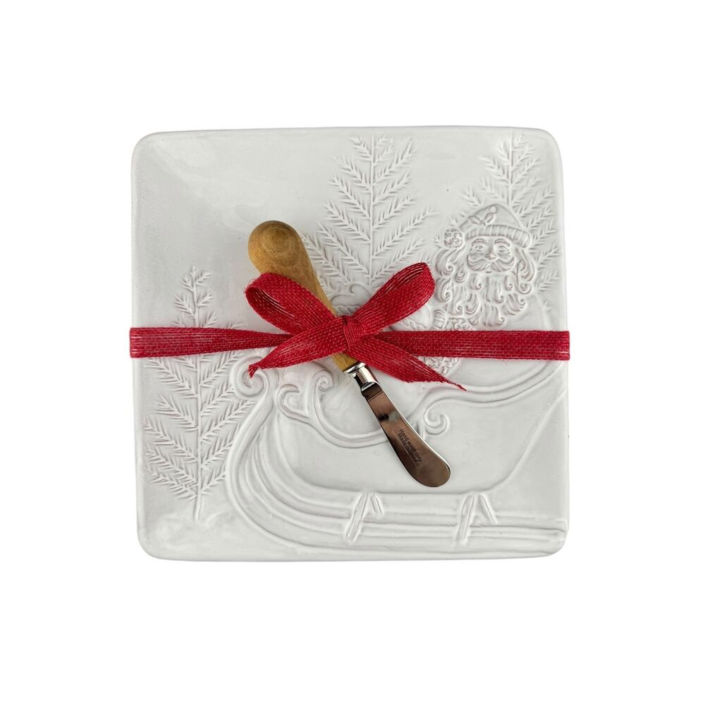 Mud Pie Santa in a Sleigh Cheese Plate with Spreader NWOT